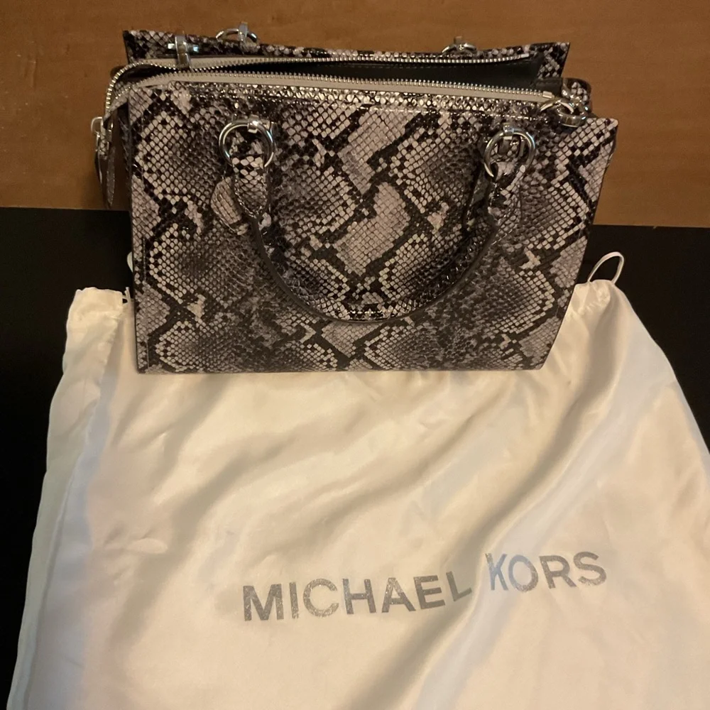 Michael Kors Snake-Print Satchel Handbag - Gray and Black - Picture 2 of 3